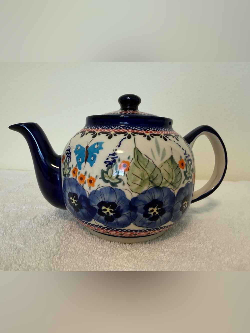 Polish Pottery Hand-Painted Blue Floral Butterfly Teapot
